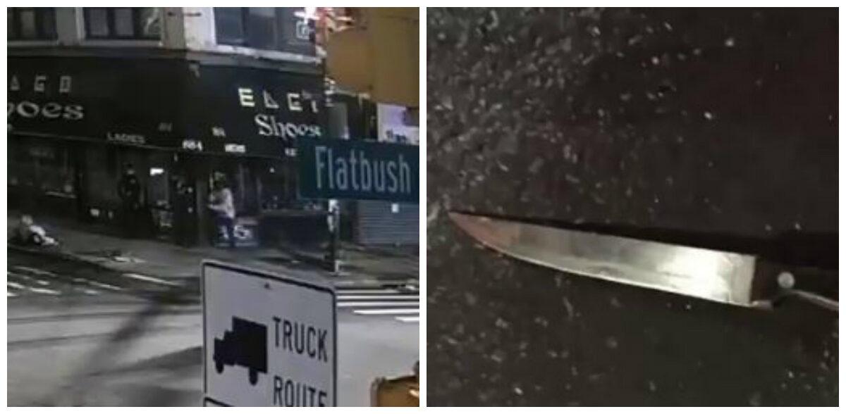 A suspect stabs a police officer (L) with the knife shown at right. (NYPD)