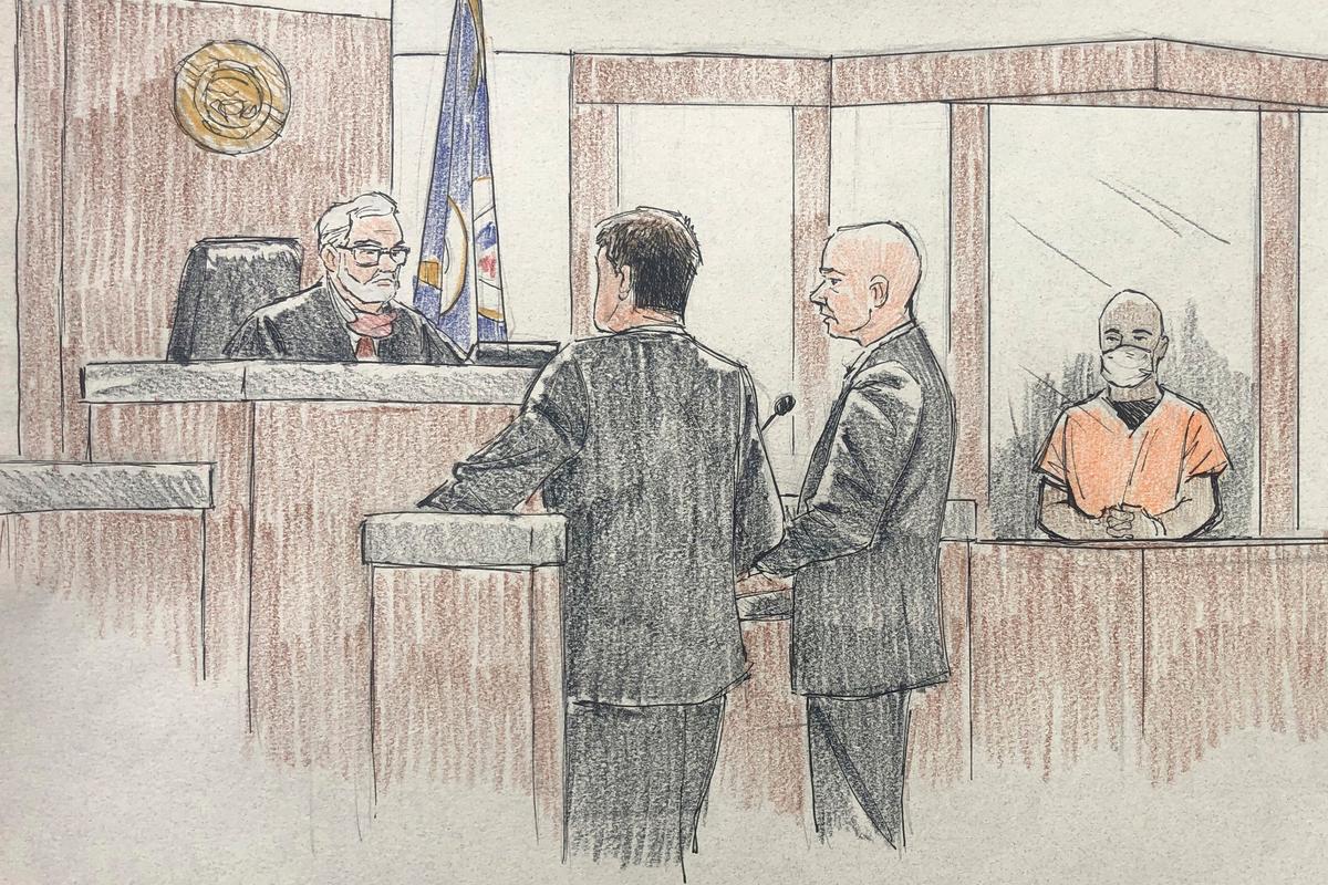A courtroom sketch shows J. Alexander Kueng, right, makes an appearance before Judge Paul Scoggin, left, with Assistant Attorney General Matthew Frank, second from left, and defense attorney Thomas Plunkett, in Hennepin County District Court in Minneapolis, Minn., on June 4, 2020. (Cedric Hohnstadt via AP)