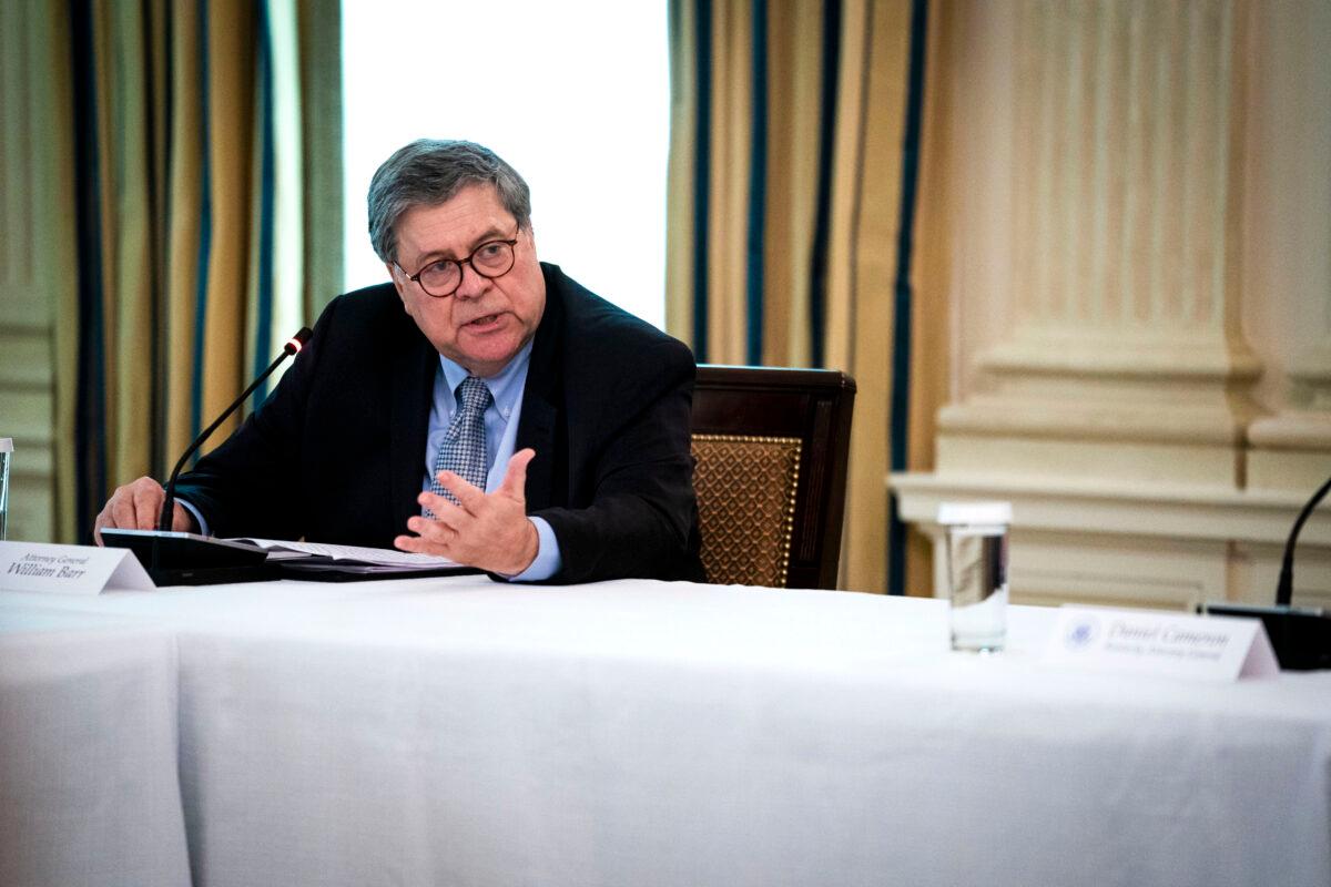 Attorney General William Barr speaks during a roundtable with law enforcement officials in the State Dining Room of the White House on June 8, 2020. (Doug Mills-Pool/Getty Images)