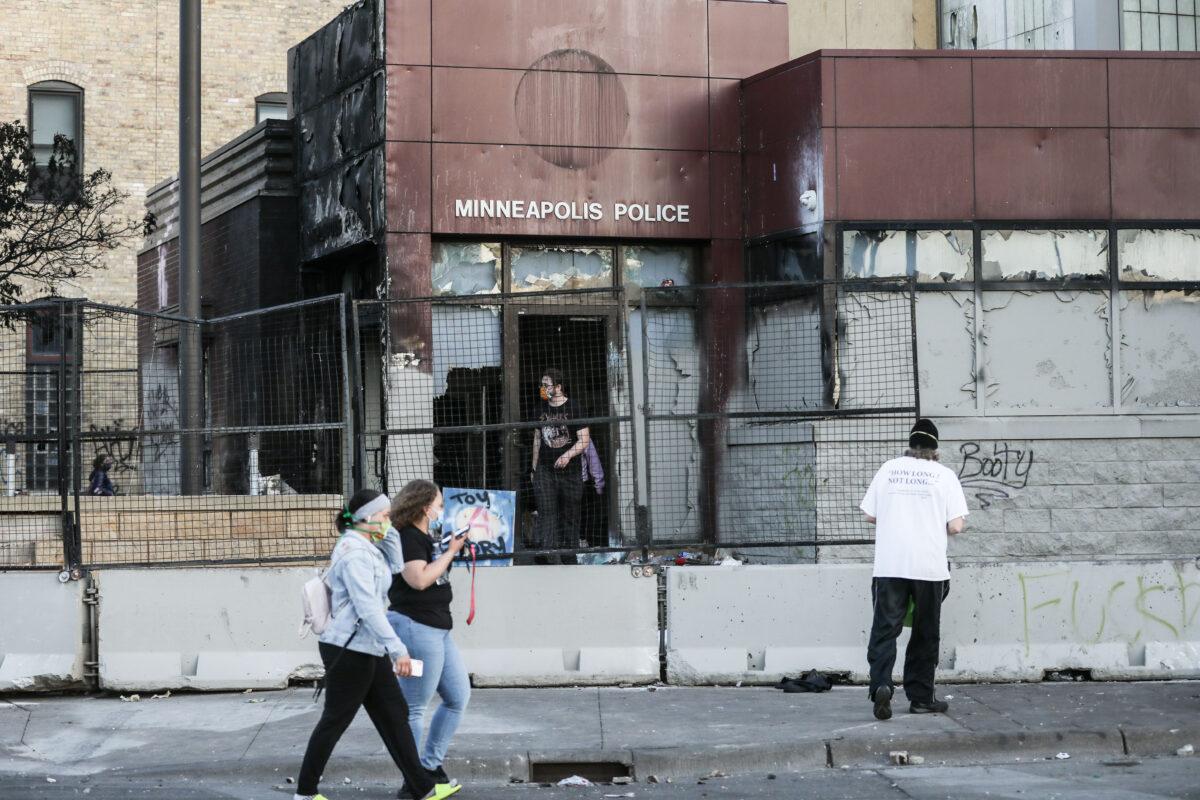 The Minneapolis Police 3rd Precinct the day after it was attacked and burned by rioters following the death of George Floyd, in Minneapolis, on May 29, 2020. (Charlotte Cuthbertson/The Epoch Times)