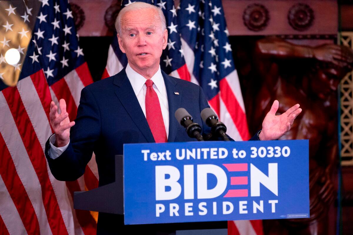 Former Vice President and Democratic presidential candidate Joe Biden speaks about the unrest across the country from Philadelphia City Hall in Philadelphia, Pa., on June 2, 2020. (Jim Watson/AFP via Getty Images)
