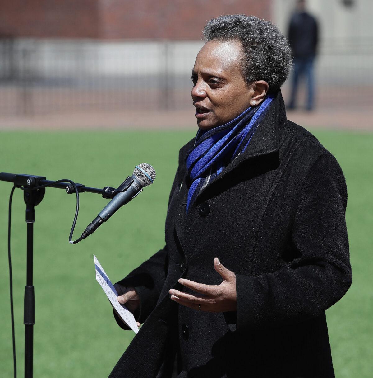 Chicago Mayor Lori Lightfoot speaks during a press conference in Chicago, Ill., on April 16, 2020. (Jonathan Daniel/Getty Images)