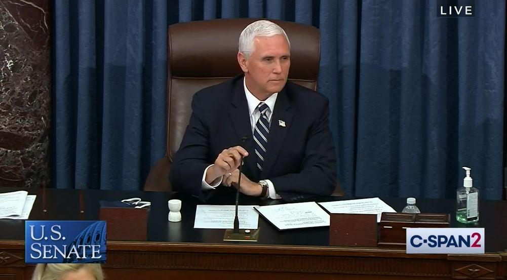  Vice President Mike Pence presides over a vote on the nomination of General Charles Brown Jr. for Air Force chief of staff in Washington on June 9, 2020. (Screenshot/C-Span)