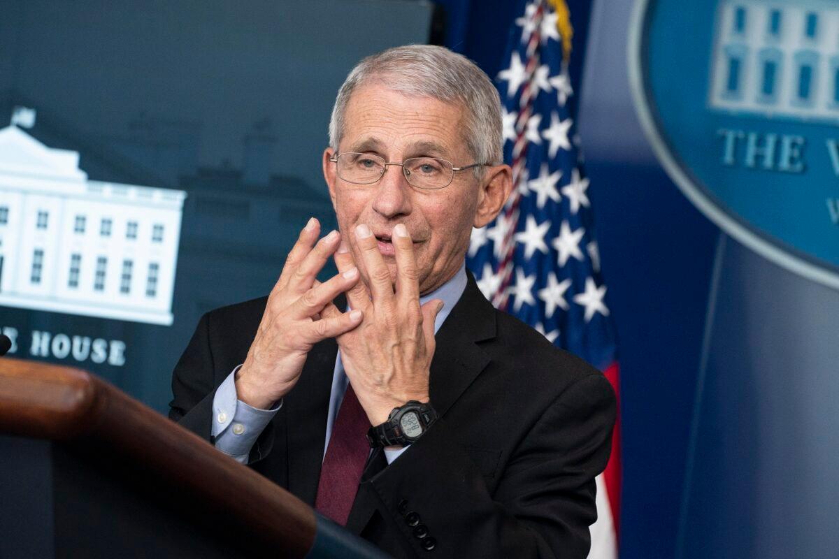 Anthony Fauci, director of the National Institute of Allergy and Infectious Diseases, speaks during a press briefing with members of the White House Coronavirus Task Force on April 5, 2020. On April 3, the CDC issued a recommendation that all Americans should wear masks or cloth face coverings in public settings. (Sarah Silbiger/Getty Images)