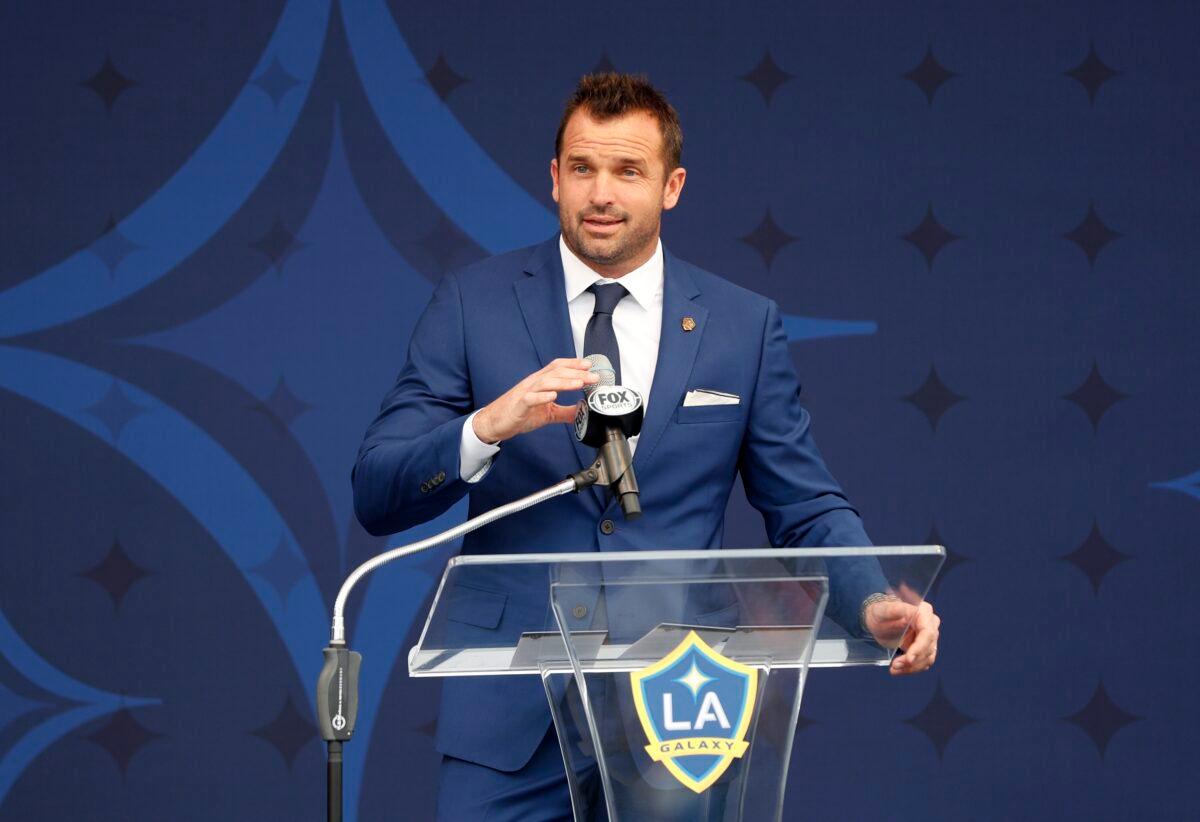 Los Angeles Galaxy president Chris Klein speaks at the unveiling of the David Beckham statue at Dignity Health Sports Park in Carson, Calif., on March 2, 2019. (Meg Oliphant/Getty Images)