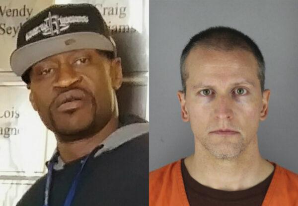 George Floyd in a file photograph, left, and Derek Chauvin, who was arrested May 29, in the Memorial Day death of George Floyd, in a mugshot. (Christopher Harris via AP; Hennepin County Sheriff via AP)