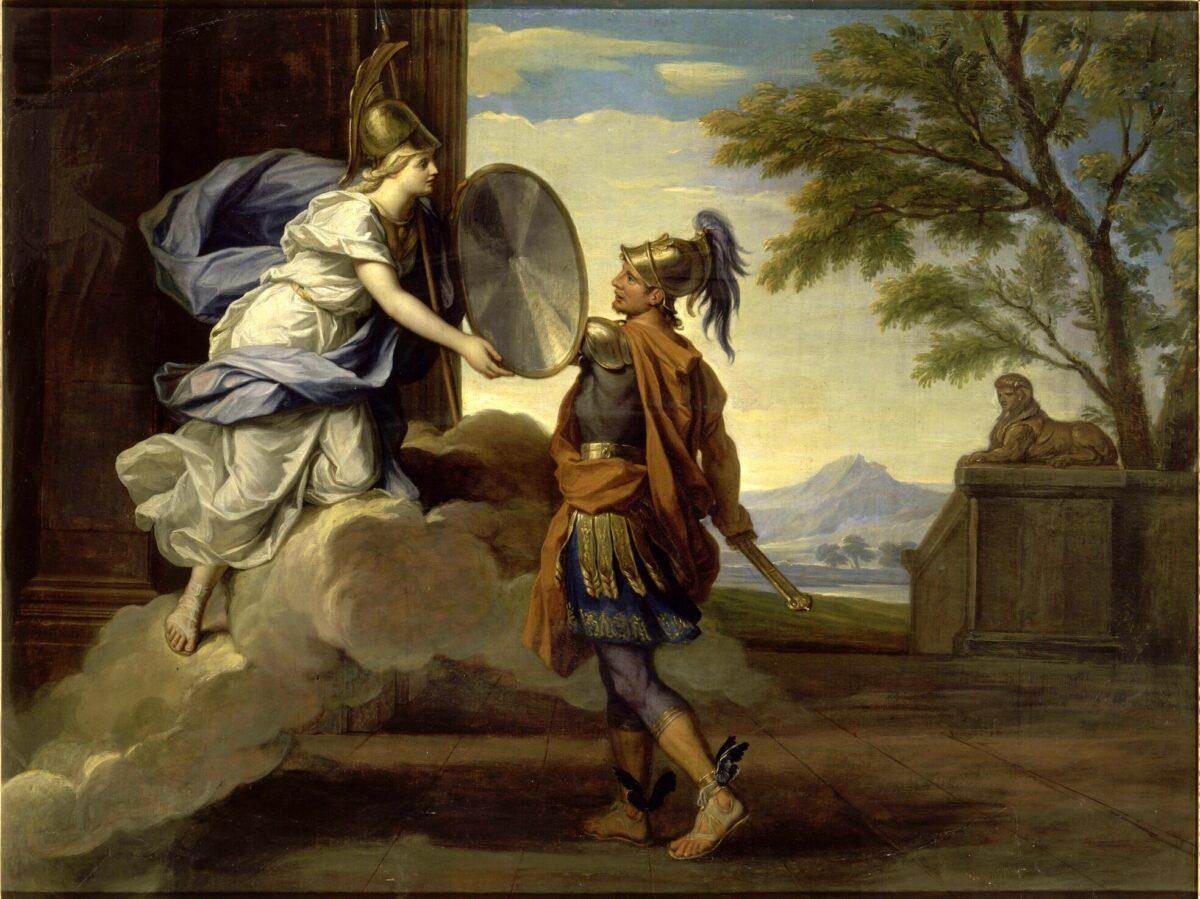 “Minerva (Athena) Giving Her Shield to Perseus,” 1697, by René-Antoine Houasse. Palace of Versailles. (Public Domain)