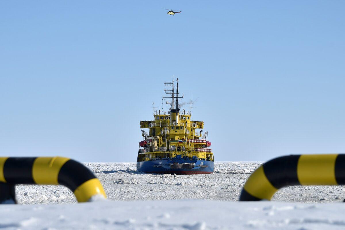 The icebreaker Tor at the port of Sabetta in the Kara Sea on the Yamal Peninsula in the Arctic circle, some 2,450 km from Moscow, on April 16, 2015. (Kirill Kudryavtsev/AFP via Getty Images)