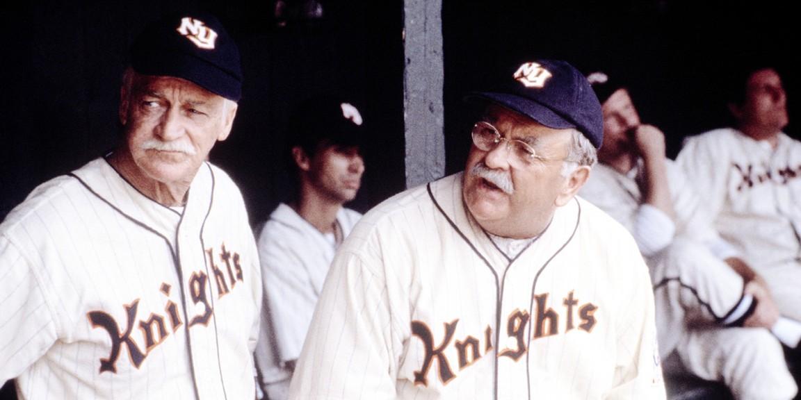 Red Blow (Richard Farnsworth, L) and Pops (Wilford Brimley) as coach and manager of the New York Knights baseball team, in "The Natural." (TriStar Pictures, Inc.)