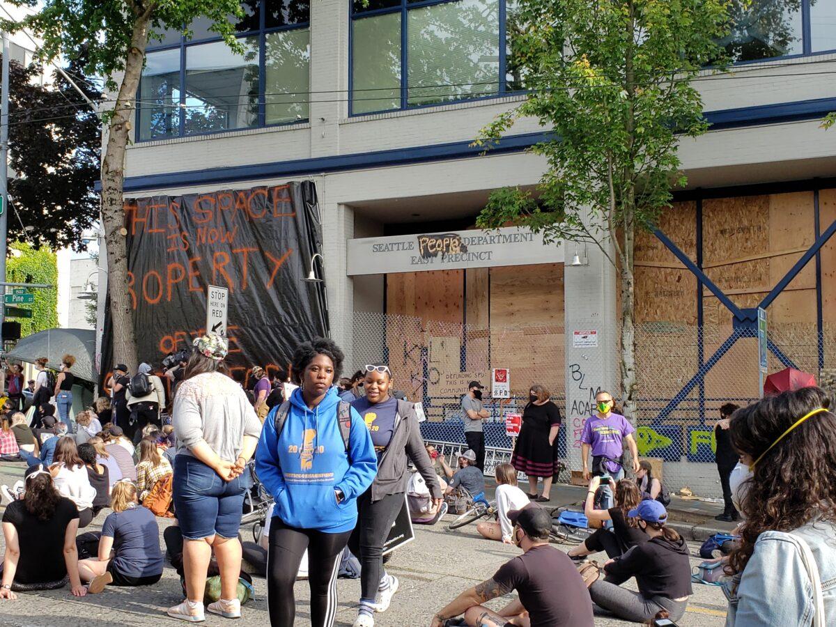 The boarded up Seattle Police Department East Precinct inside the Capitol Hill Autonomous Zone in Seattle on June 10, 2020. (Ernie Li/NTD Television)
