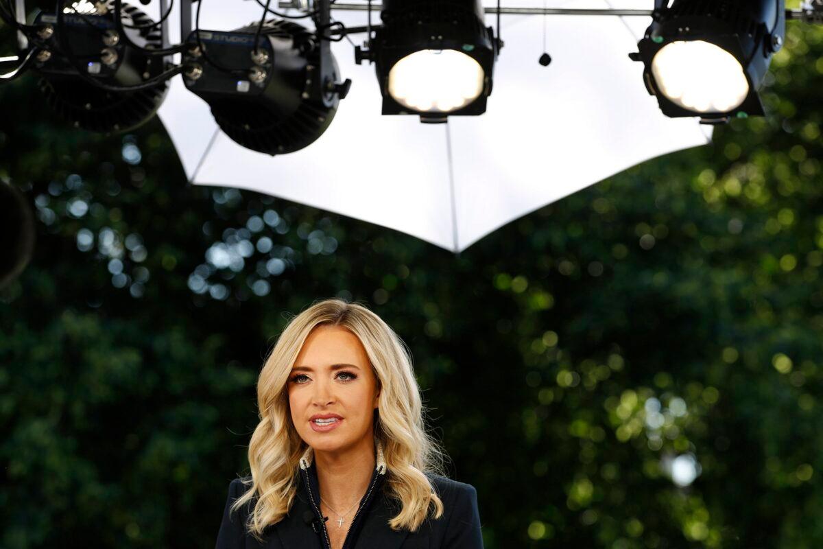 White House Press Secretary Kayleigh McEnany speaks during a television interview outside the White House in Washington on June 1, 2020. (Patrick Semansky/AP Photo)