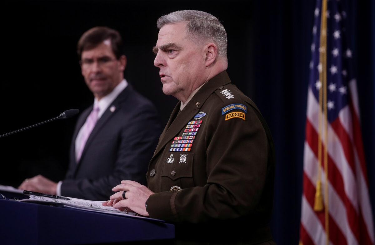 Joint Chiefs Chairman Army Gen. Mark Milley addresses a news conference at the Pentagon in Arlington, Va., on April 14, 2020. (Jonathan Ernst/Reuters)