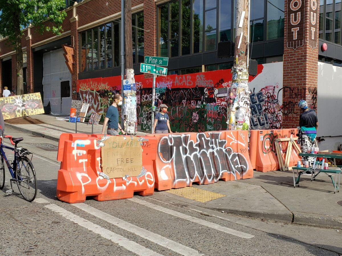 An entrance to the Capitol Hill Autonomous Zone in Seattle, Wash. on June 10, 2020. (Ernie Li/NTD Television)