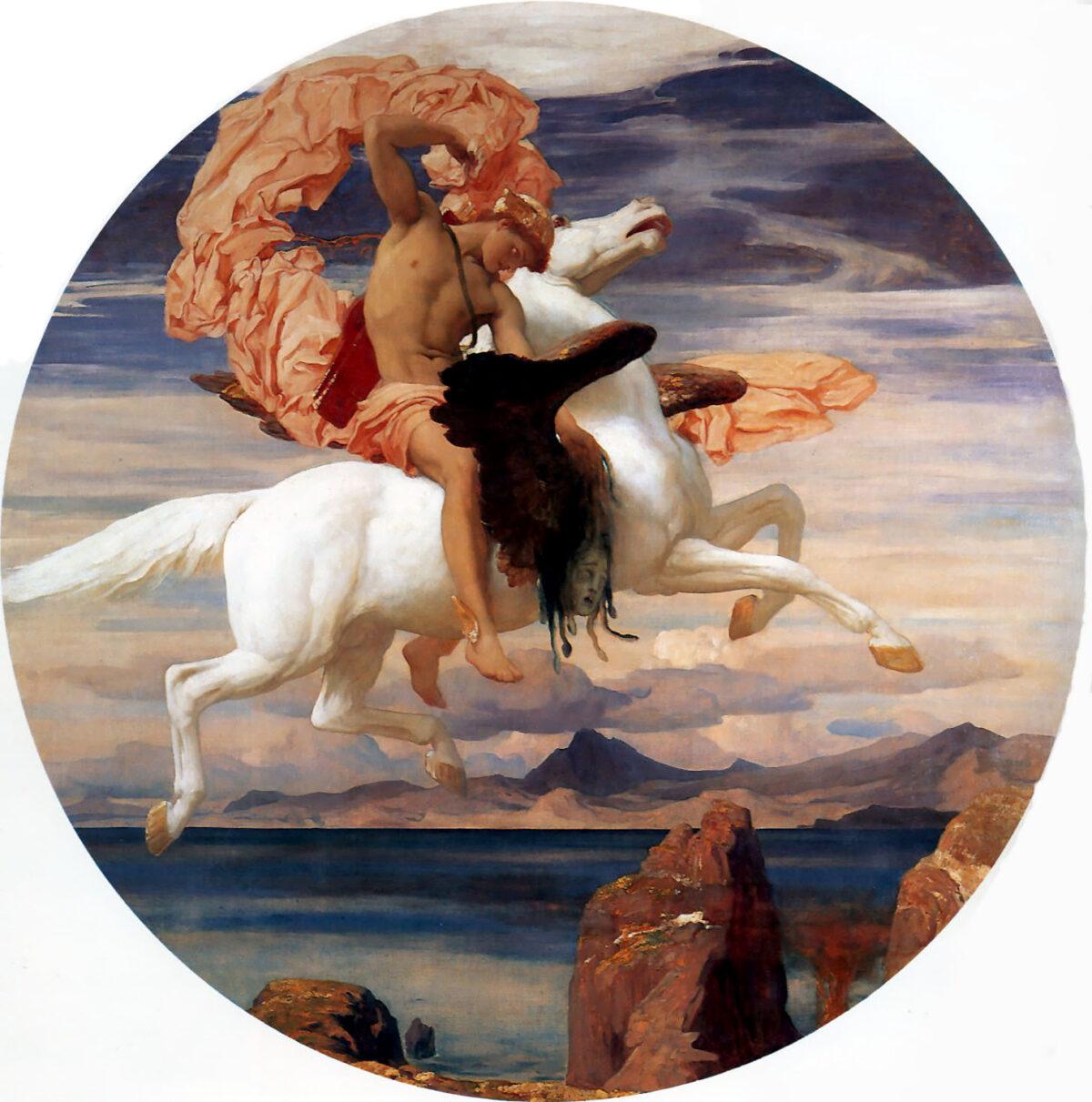 “Perseus on Pegasus Hastening to the Rescue of Andromeda,” 1895–96, by Frederic Leighton. New Walk Museum and Art Gallery, UK. Perseus carries Medusa's decapitated head. (PD-US)