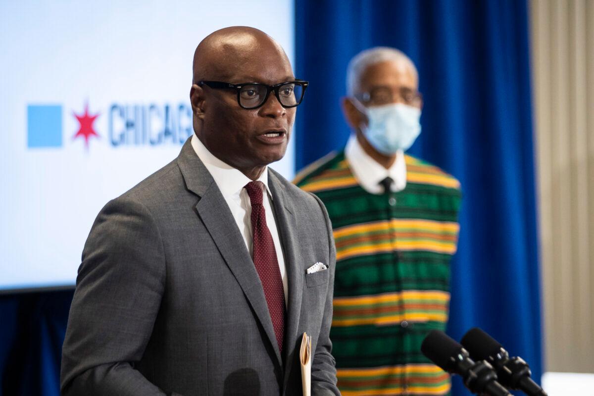 Chicago Police Superintendent David Brown speaks during a news conference as Rep. Bobby Rush (D-Ill.) looks on in Chicago, Ill., on June 11, 2020. (Ashlee Rezin Garcia/Chicago Sun-Times via AP)