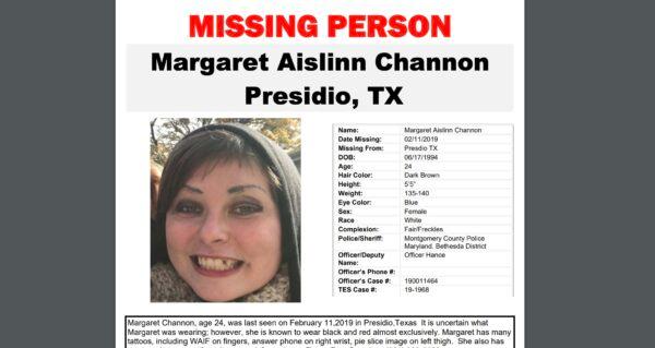A missing person report for Margaret Aislinn Channon filed in Texas in 2019. (Screenshot)