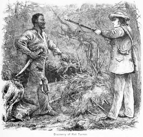 “Discovery of Nat Turner”: wood engraving illustrating Benjamin Phipps's capture of Nat Turner, who led a slave rebellion, in 1831. The image was found in the Encyclopedia Virginia. (Public Domain)