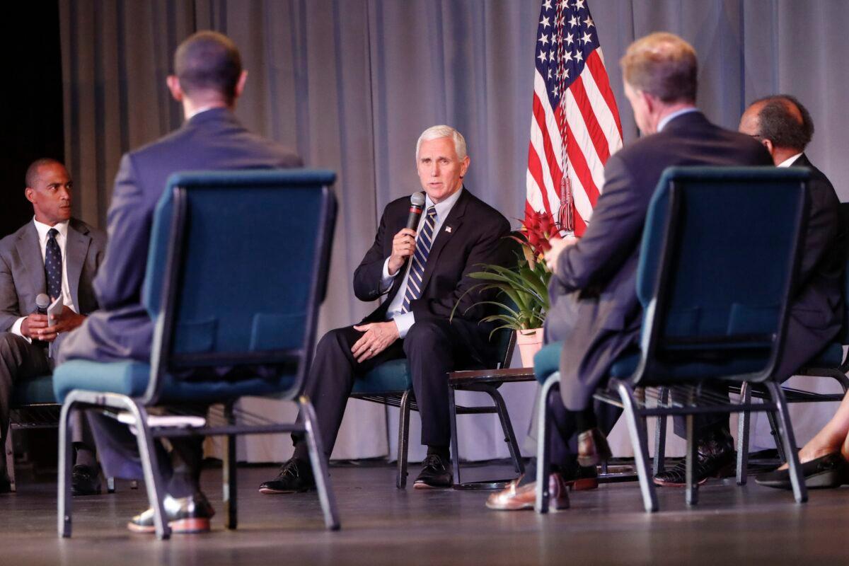 A group of delegates participate in a discussion with Vice President Mike Pence, center, at the Covenant Church of Pittsburgh in Wilkinsburg, Pa., June 12, 2020. (Keith Srakocic/AP Photo)