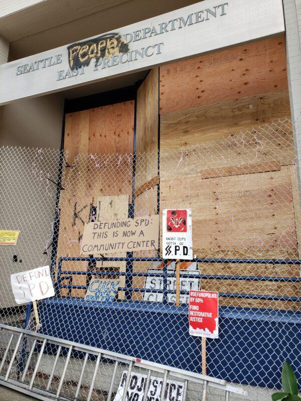 The boarded-up Seattle Police Department East Precinct inside the so-called Capitol Hill Autonomous Zone in Seattle, Wash., on June 10, 2020. (Ernie Li/NTD Television)