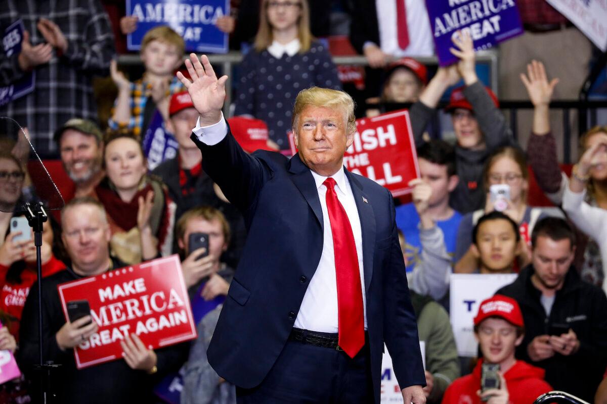 President Donald Trump arrives at a campaign rally for Republican Senate candidate Mike Braun at the County War Memorial Coliseum in Fort Wayne, Ind., on Nov. 5, 2018. (Aaron P. Bernstein/Getty Images)