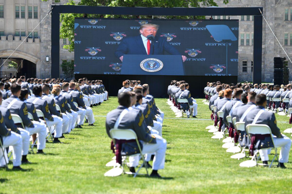 President Donald Trump delivers the commencement address at the 2020 US Military Academy Graduation Ceremony at West Point, N.Y., on June 13, 2020. (Nicholas Kamm/AFP via Getty Images)