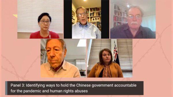 (Clockwise from top) Former member of the Hong Kong Legislative Council Emily Lau; president of U.S.-based National Endowment for Democracy Carl Gershman; Canadian author and journalist Terry Glavin, moderator of the forum; Australian Senator Kimberley Kitching; and former justice minister of Canada Irwin Cotler during an online forum on June 9. (Screenshot/The Epoch Times)