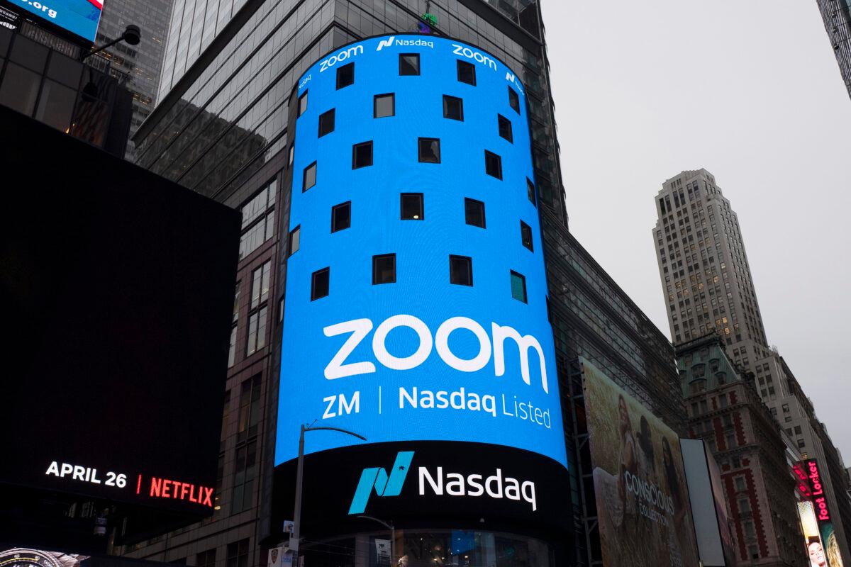 A sign for Zoom Video Communications ahead Nasdaq IPO in New York, N.Y., on April 18, 2019. (Mark Lennihan/File/AP Photo)