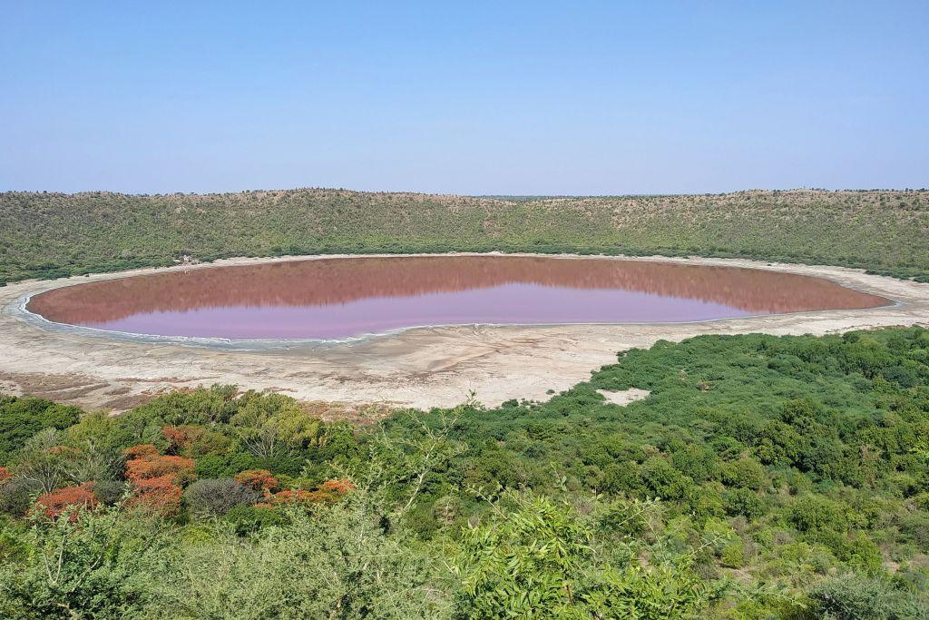 A general view of Lonar crater sanctuary lake is pictured in Buldhana District of Maharashtra state on June 11, 2020.  (SANTOSH JADHAV/AFP via Getty Images)
