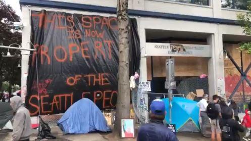 This still image from video shows the Seattle Police Department's abandoned East Precinct in Seattle, Wash. on June 12, 2020. (Bowen Xiao/The Epoch Times)