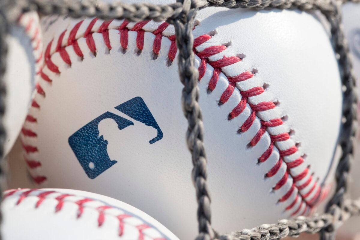 A baseball with MLB logo is seen at Citizens Bank Park before a game between the Washington Nationals and Philadelphia Phillies in Philadelphia, Pa., on June 28, 2018. (Mitchell Leff/Getty Images)