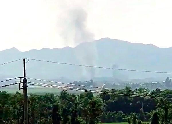 Smoke raising in the North Korean border town of Kaesong is seen from Paju, South Korea, on June 16, 2020. (Yonhap via AP)