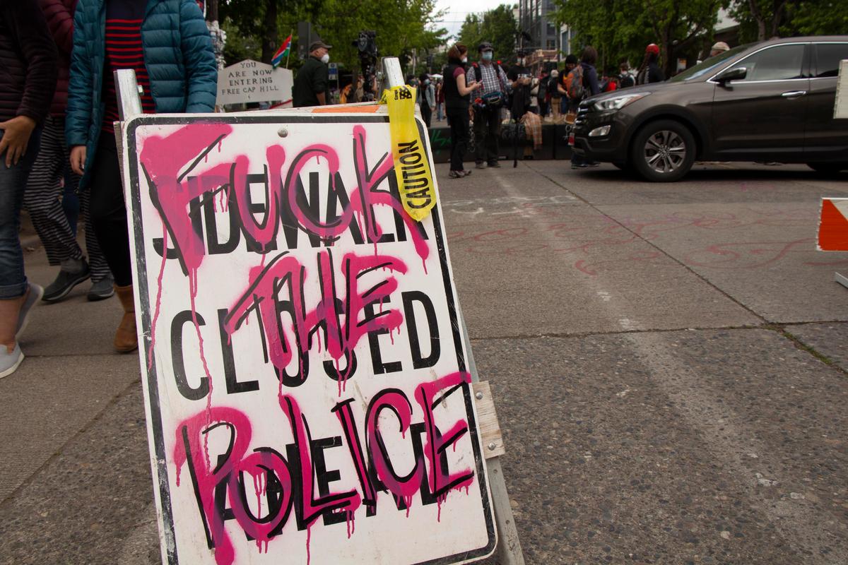 One of the entrances to the area dubbed the Capitol Hill Autonomous Zone (CHAZ) in Seattle on June 14, 2020. (The Epoch Times)