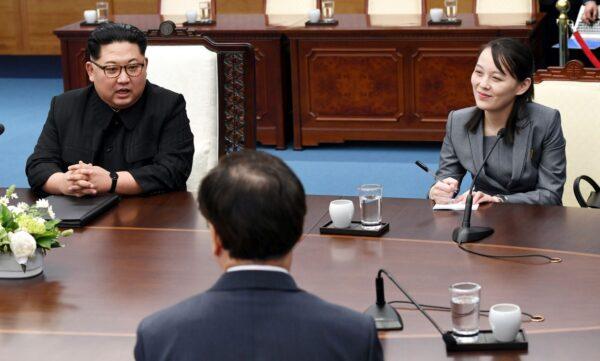 North Korean Leader Kim Jong Un (L), sister Kim Yo Jong (R) attend the Inter-Korean Summit at the Peace House in Panmunjom, South Korea on April 27, 2018. Kim and Moon meet at the border today for the third-ever inter-Korean summit talks after the 1945 division of the peninsula, and first since 2007 between then-President Roh Moo-hyun of South Korea and Leader Kim Jong-il of North Korea. (Photo by Pool/Getty Images)