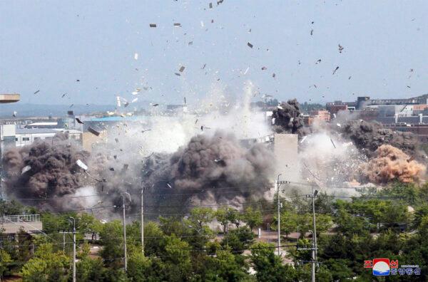 This photo provided by the North Korean government shows the demolition of an inter-Korean liaison office building in Kaesong, North Korea, on June 16, 2020. (Korean Central News Agency/Korea News Service/AP)