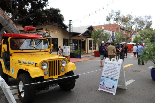 A vintage jeep encouraging ocean safety is parked as part of the new promenade in Laguna Beach, Calif., on June 15, 2020. (Jamie Joseph/The Epoch Times)