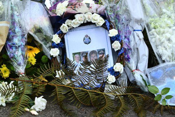 Floral tributes laid at the front gate of the Victoria Police Academy ahead of the funeral of Constable Glen Humphris in Melbourne, Australia.on May 1, 2020. (Quinn Rooney/Getty Images)