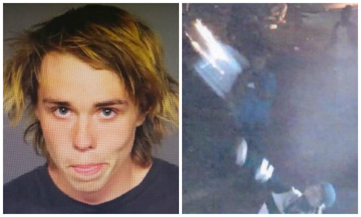 Dylan Robinson (L) in a mugshot. (R) A man identified as Robinson throws a Molotov cocktail at a Minneapolis police precinct on May 28, 2020. (Minneapolis Police Department; ATF)