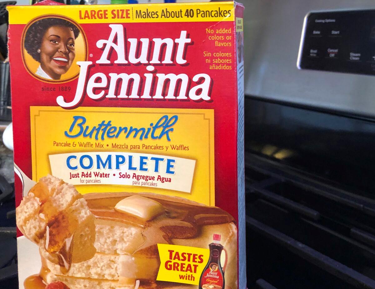A box of Aunt Jemima pancake mix sits on a stovetop in Harrison, N.Y., on June 17, 2020. (Courtney Dittmar/AP Photo)