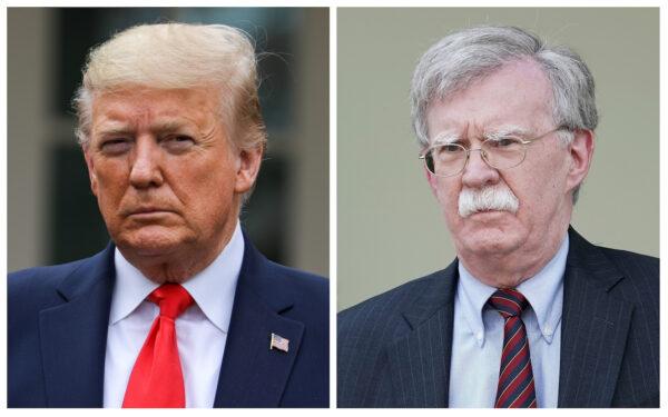 President Donald Trump, left, in the White House Rose Garden in Washington on March 13, 2020. On right, John Bolton outside of the White House West Wing in Washington on April 30, 2019. (Charlotte Cuthbertson/The Epoch Times; Chip Somodevilla/Getty Images)
