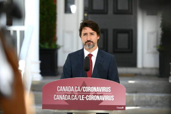 Prime Minister Justin Trudeau speaks during a news conference on the COVID-19 pandemic outside his residence at Rideau Cottage in Ottawa on June 18, 2020. (The Canadian Press/Justin Tang)
