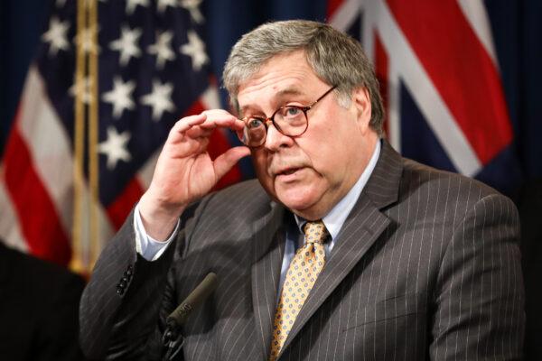 Attorney General William Barr speaks about an initiative to prevent online child sexual exploitation, at the Justice Department in Washington on March 5, 2020. (Samira Bouaou/The Epoch Times)