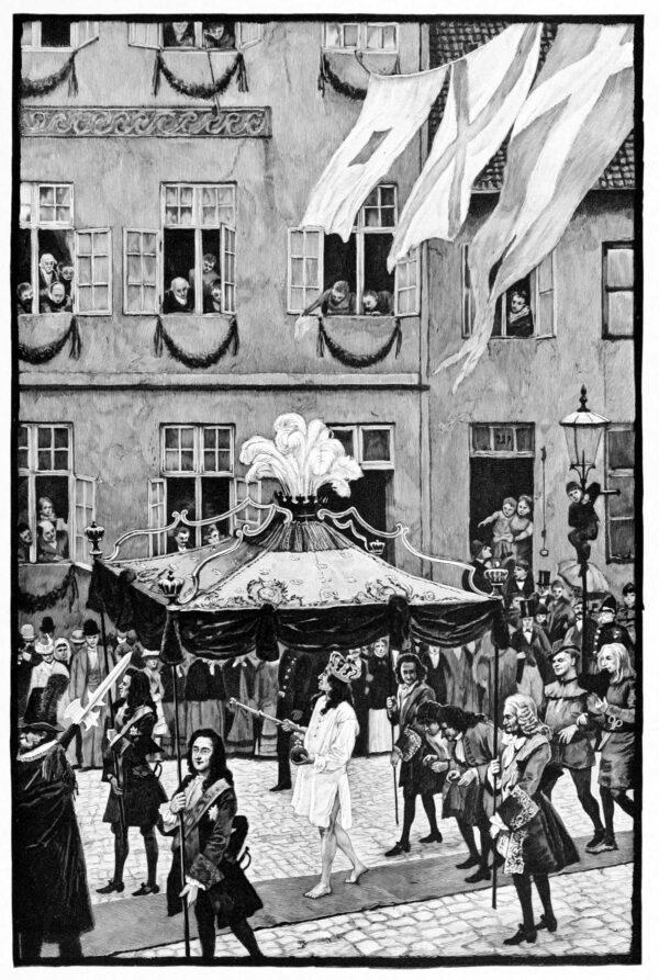 The emperor proudly parades the streets in his new clothes, with his noblemen carrying the cloak's train, in an 1853 illustration by Hans Tegner. All the townsfolk happily carry on the charade to save face. (Public Domain)