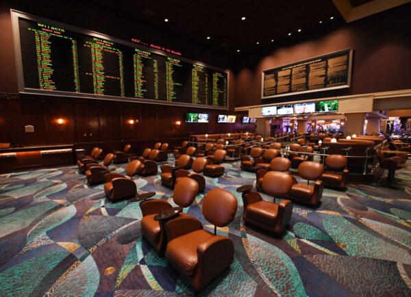 Chairs are spaced out for social distancing at the BetMGM Sports Book at Bellagio Resort & Casino as the Las Vegas Strip property, which has been closed since March 17 in response to the COVID-19 pandemic, prepares to reopen in Las Vegas, Nev., on June 1, 2020. (Ethan Miller/Getty Images)