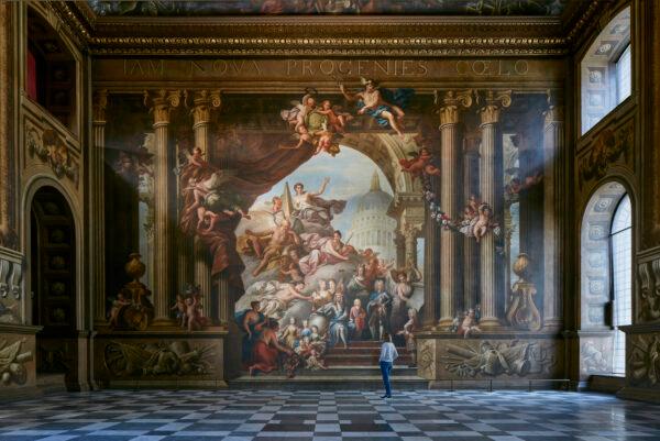 The back wall of the Painted Hall in Greenwich, London. (James Brittain)