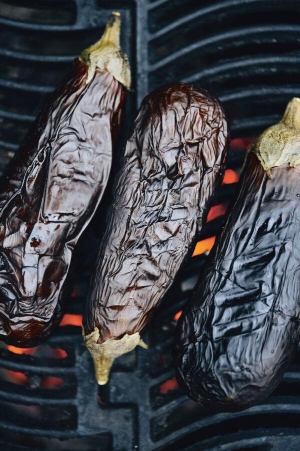 Grilling whole eggplants for baba ganoush. (Jason Ingram)
