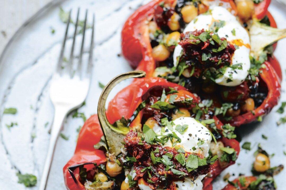 Grilled Peppers With Chickpeas, Tomatoes, Black Olives, and Harissa Yogurt