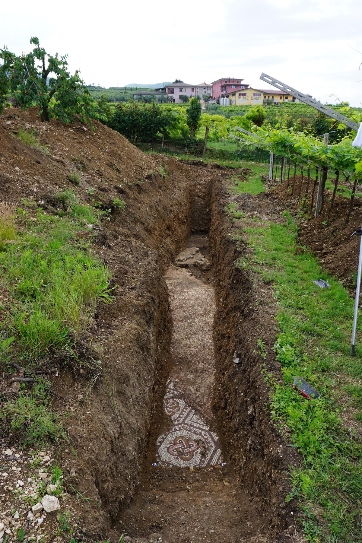 A trench exposes a Roman mosaic at an excavation site in Negrar di Valpolicella. (Courtesy of <a href="http://www.comunenegrar.it">SABAP-VR</a>)