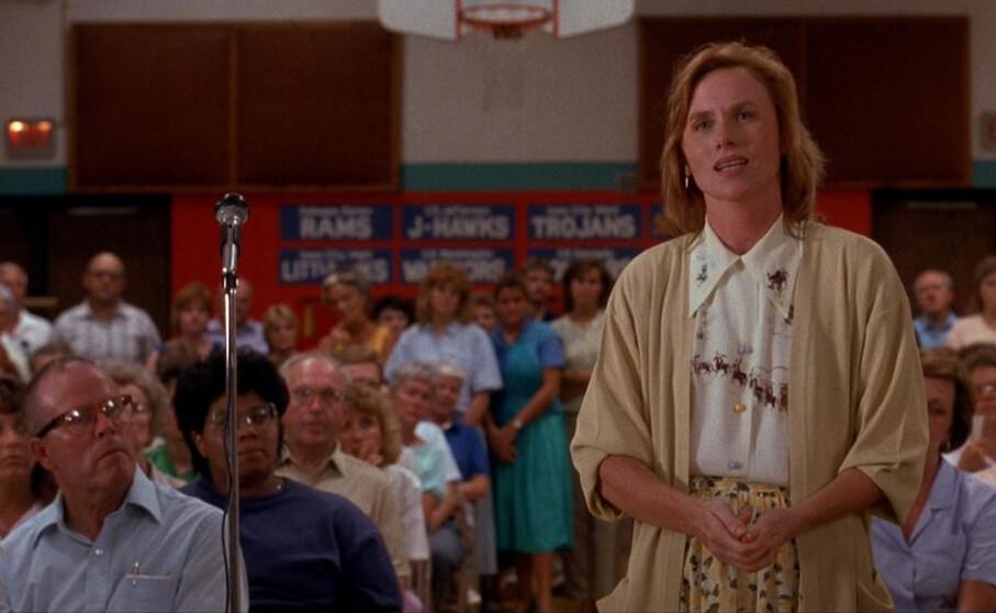 Annie (Amy Madigan) speaks her mind at the PTA meeting in "Field of Dreams." (Universal Pictures)