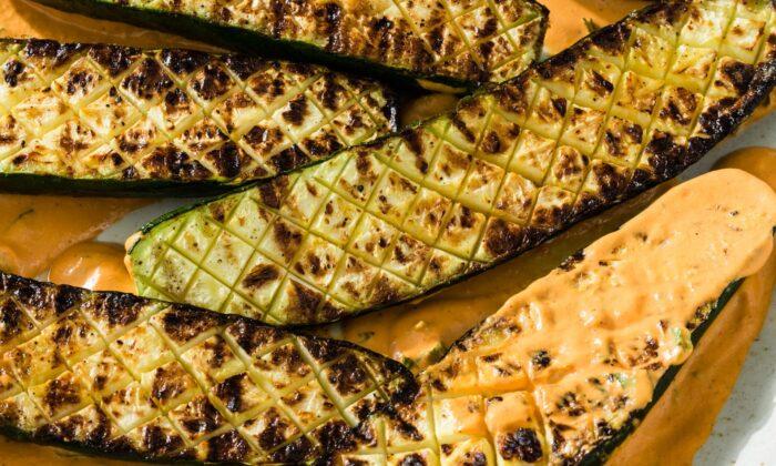 Grilled Zucchini With Red Pepper Sauce
