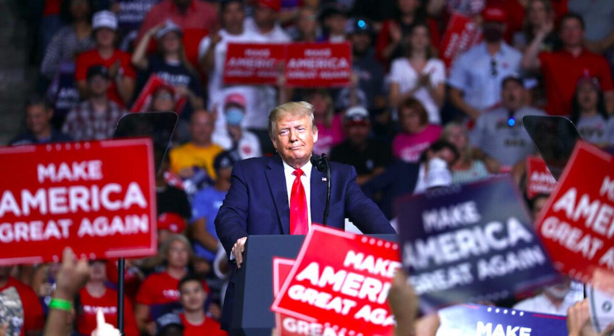  President Donald Trump at a campaign rally at the BOK Center in Tulsa, Okla., on June 20, 2020. (Charlotte Cuthbertson/The Epoch Times)